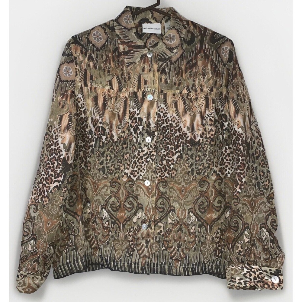 Alfred Dunner Button Up Blouse Women Sizeā 16 Browns Semi Sheer Collared Cheetah